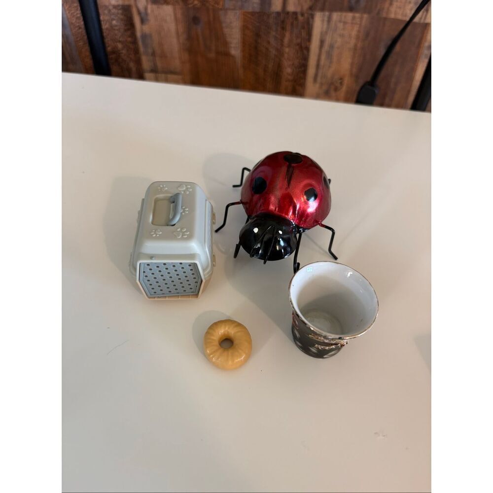 Trinket Shelf Items  ceramic cup, Ladybug, bagel, Pet Carrier Mini Decor Lot
